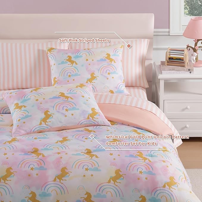 Twin Comforter Set with Sheets for Girls-5 Pieces Twin Bedding Sets with Pink Comforter, Sheets, Pillowcase & Sham for Kids (Gold Unicorn, 66" X 86")