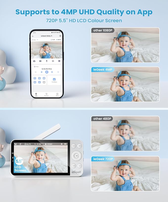 ieGeek 5.5’’ Split-Screen Baby Monitor,2.5K UHD Baby Monitor with 2 Cameras and Audio,Night Light,Prone Sleeping&Cry Detection,Two-Way Talk,Night Vision,2.4G&5Ghz WiFi App Control,4000mAh Battery