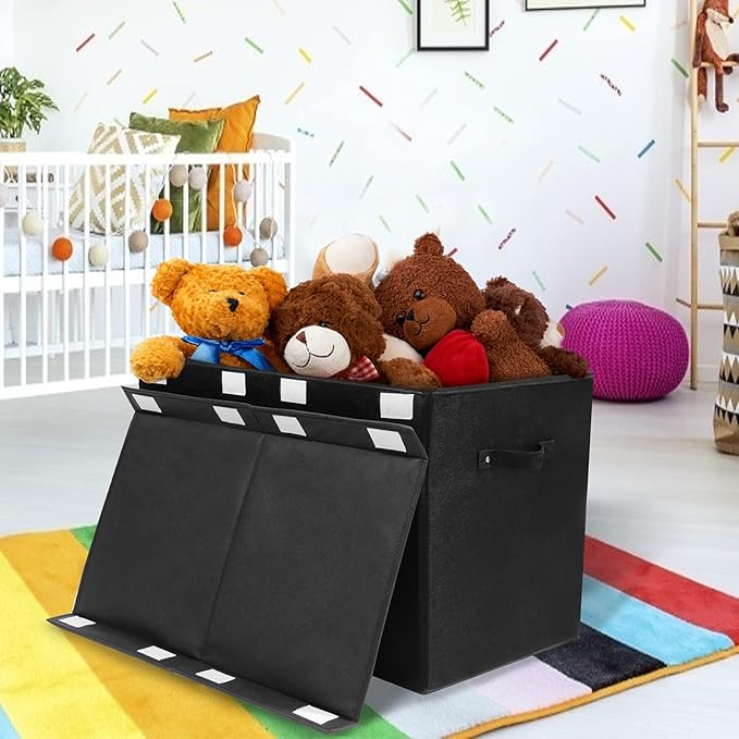 popoly 2 Pack Large Toy Box Chest Storage with Flip-Top Lid, Collapsible Kids Toy Storage Bin Boxes s for Toys, Playroom Organizers, 25"x13" x16" (Linen Black)