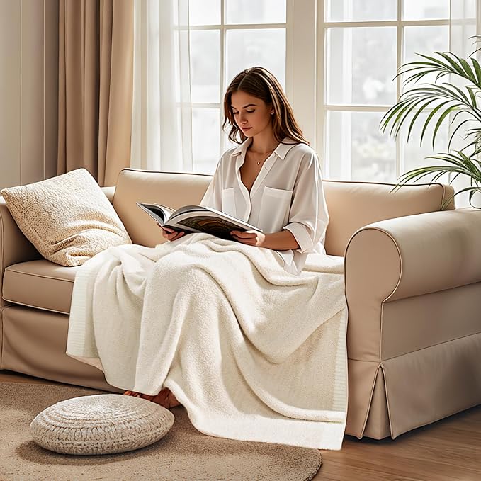 NEXHOME PRO Super Soft Blanket for Women, Cozy Blanket Warm Reversible Knit Lightweight Throws for Couch, Sofa Bed, Picnic, Heather Ivory, 50 x 60 inches