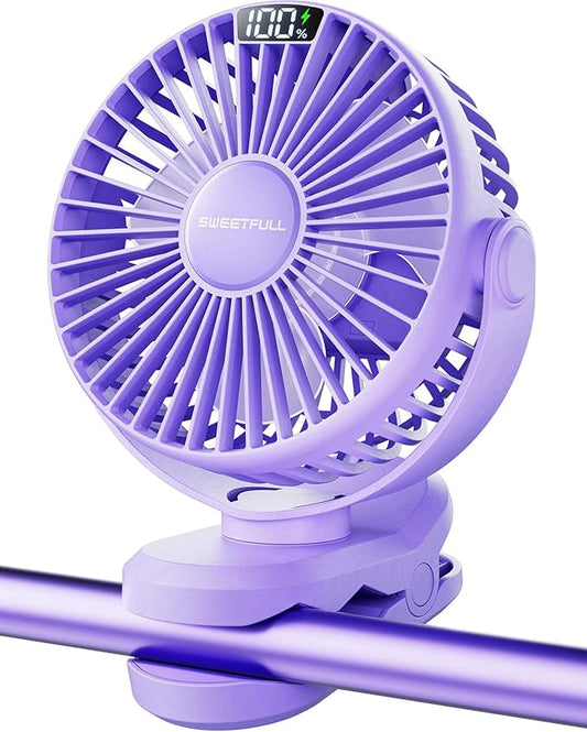 SWEETFULL Portable Clip on Fan - Battery Operated Stroller Fan, 4000mAh Small Rechargeable Fans with LED Display, 4 Speeds, Mini Personal Cooling Desk Cooler for Golf Cart Travel Camping Gym (Purple)