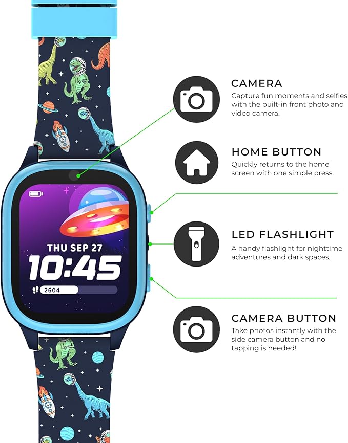 PlayZoom 4 Kids Smartwatch, Educational Tech Toy – 25+ Games, Selfie Camera, Audiobooks, Step Tracker, Water‑Resistant, Parental Controls, Long Battery, Ages 4‑12, Navy Dinosaurs