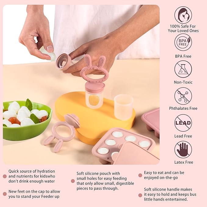 WAJIAYON Baby Breastmilk Popsicle Molds & Baby Fruit Feeder (4 Pack), Infant Food Freezer Tray Storage Containers, Silicone Teething Pacifier Feeder and Teether for Babies（Pink&Purple）