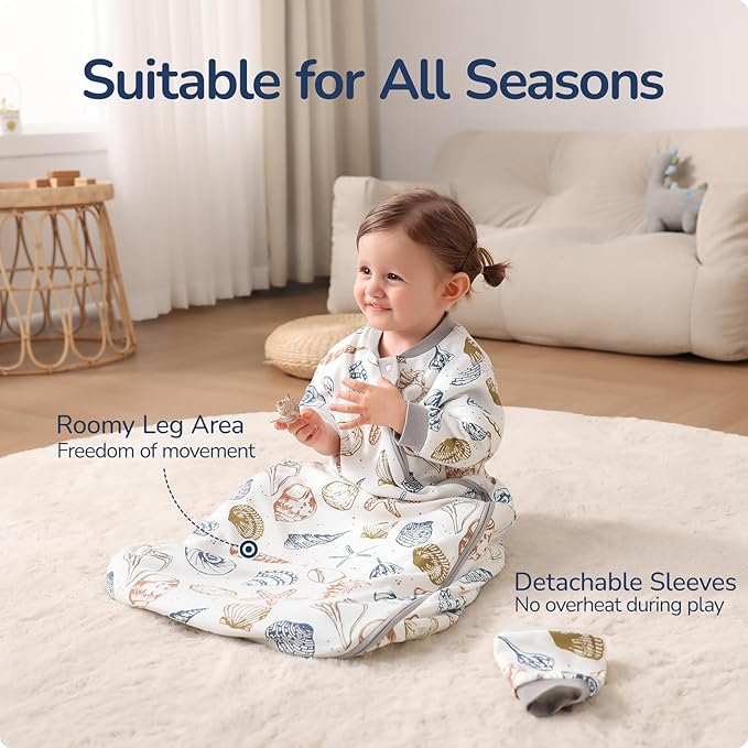 Baby Sleep Sack 18-24 Months, Cotton Detachable Long Sleeve Sleep Sack, 2.5 Tog Toddler Sleeping Sack with Temperature Strips, 2-Way Zipper Wearable Blankets for Newborns, Ocean