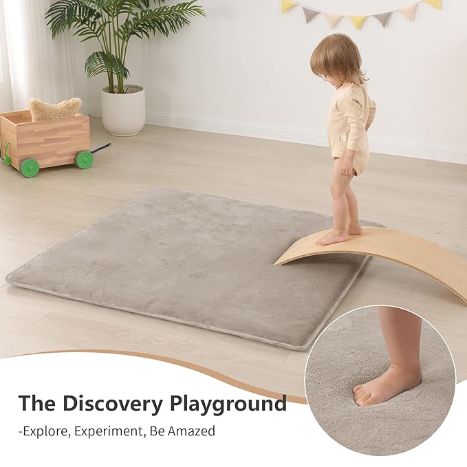 Baby Play Mat for Floor,1.3" Thick Elasti-Foam 50"×50" Playpen Mat for Tummy Time,Water Repellent Soft Coral Velvet for Toddler,Infant,Kids,Non-Slip Backing Safe for Crawling(Beige)