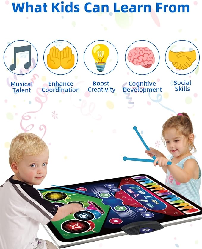 SUNLIN 2-in-1 Music Jam Mat, Music Learning Toy for Boys Girls 3-6, Drum Set + Piano Mat, Toddler Birthday Gift 3 4 5 6 Years, Record & Playback, Built-in Songs, 8 Instrument Sounds, Volume Control