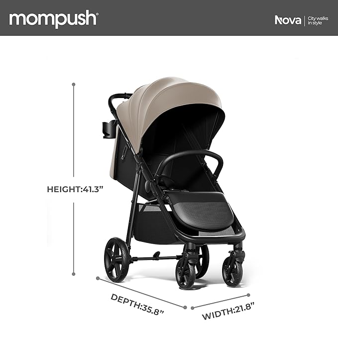 Mompush Nova Baby Stroller for Toddler, Infant & Newborn | Spacious Seat & Lie-Flat Mode | Compact One-Hand Fold, UPF 50+ Canopy & All-Wheel Suspension | Includes Rain Cover & Cup Holder, Khaki