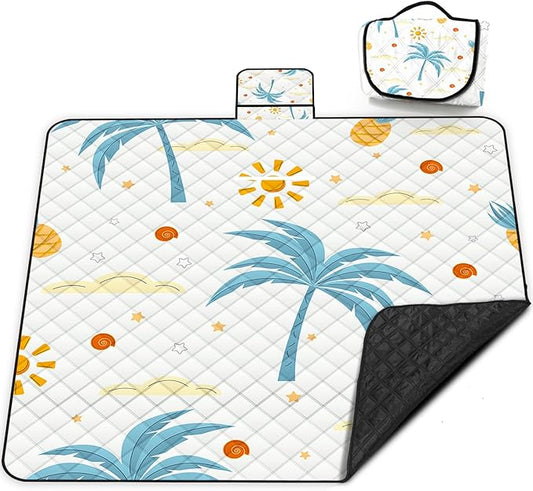 Extra Large Picnic Blanket Waterproof,80"x 80"Foldable Machine Washable Beach Blanket,Outdoor Blanket for 6-8 Adults,Suitable for Indoor Crawling,Park Beach,Camping,Hiking,Family Travel(Island)