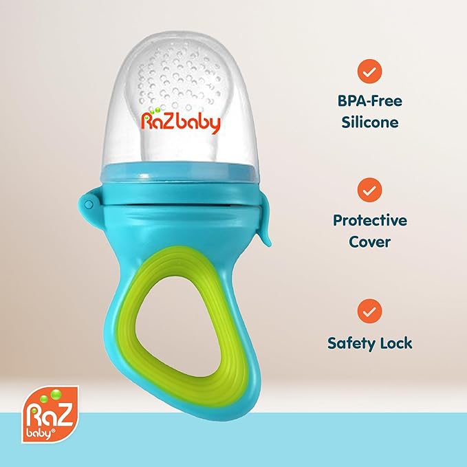 RaZbaby Baby Solids/Frozen Fruit Feeder Pacifier, Infant Teether Toy 6M+, BPA-Free Silicone Pouch & Nipple, Safely Introduce Solids, Natural Teething Relief, Dishwasher Safe, Freezable – Orange/Blue