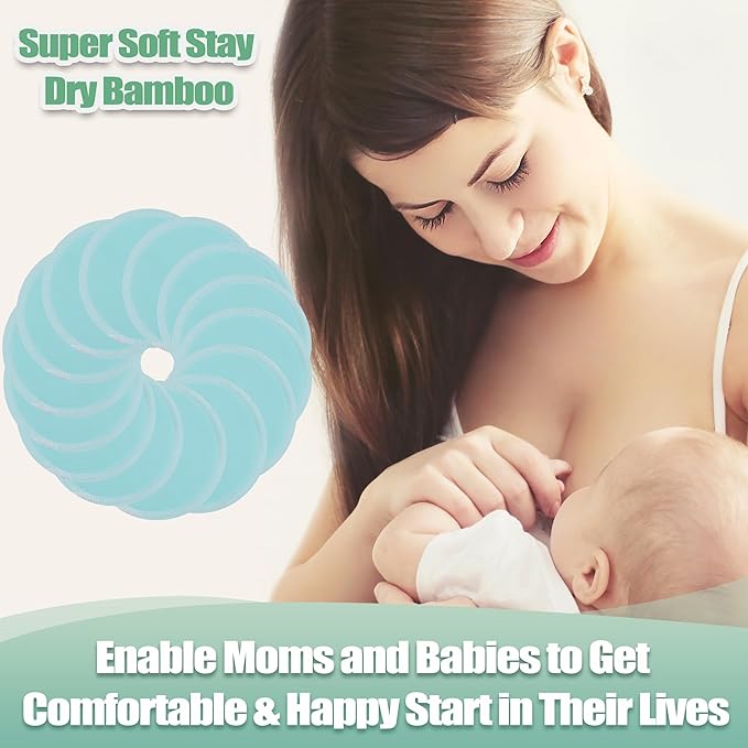 wegreeco Nursing Breast Pads (14 Pack) + Laundry Bag & Travel Storage Bag, 4.7 inch - Washable & Reusable Breastfeeding Nursing Pads (Plain Shape, Light Blue, Large)