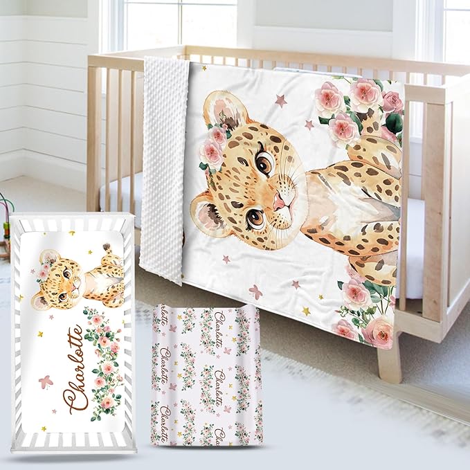 Custom Name Crib Bedding Set - Leopard Theme, Personalized Yellow Flower Nursery Bedding 3-Piece Set– Soft Blanket, Fitted Sheet, Changing Pad Cover – for Newborns Girls Nursery Gifts