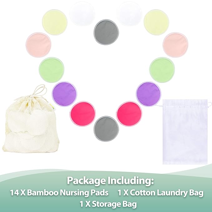 wegreeco Nursing Breast Pads (14 Pack)+Laundry Bag & Travel Storage Bag, 2 Sizes: 3.9/4.7inch - Washable & Reusable Breastfeeding Nursing Pads (Passion, Large, Daytime Use)
