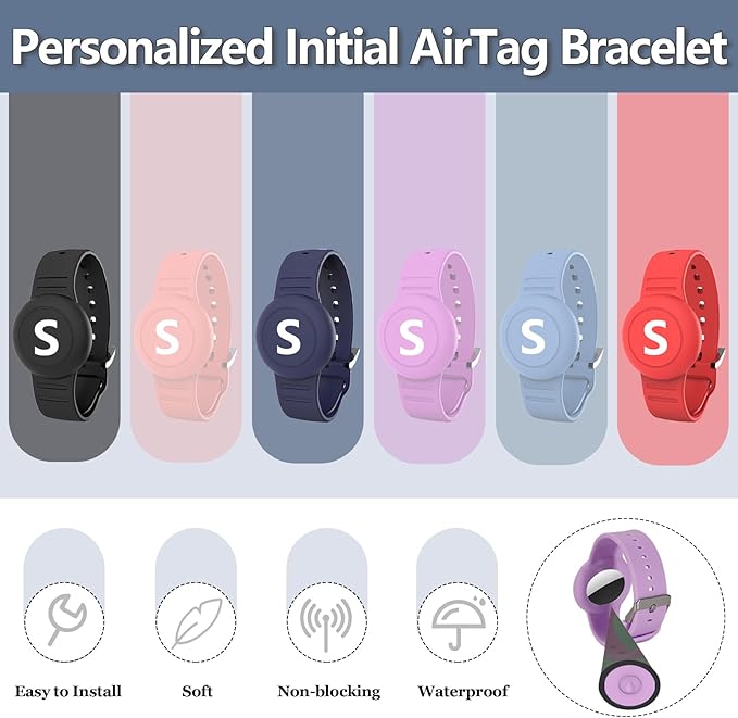 Waterproof Bracelet for AirTag Kids, Personalized Initial Letter Hidden Holder Compatible with Air Tag, Silicone Case for Airtag Adjustable Anti-Lost GPS Tracker for Toddler Child Elder, S