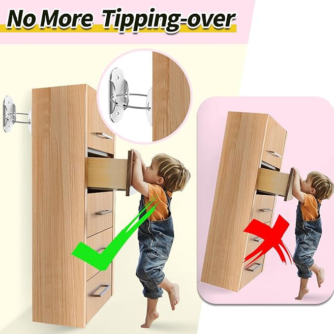 Anti Tip Furniture Anchors (6 Packs) Furniture Anchors for Baby Proofing, Earthquake Straps for Furniture Dresser Wall Safety Anchor Furniture Safety Straps Wall Straps, Silver