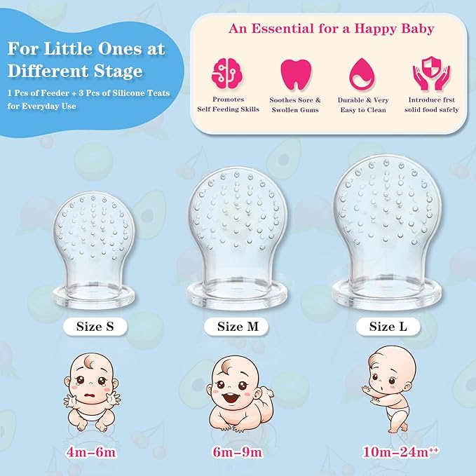 Baby Fruit Feeder, Frozen Teething Toys, Teether Pacifier with 3 Extra Teats, Infant Eating Essentials, BPA Free Baby Feeding Supplies (Pink)