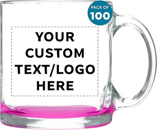 Custom Libbey Clear Glass Coffee Mugs 13 oz. Set of 100, Personalized Bulk Pack - Perfect for Coffee, Tea, Espresso, Hot Cocoa, Other Beverages - Pink Bottom