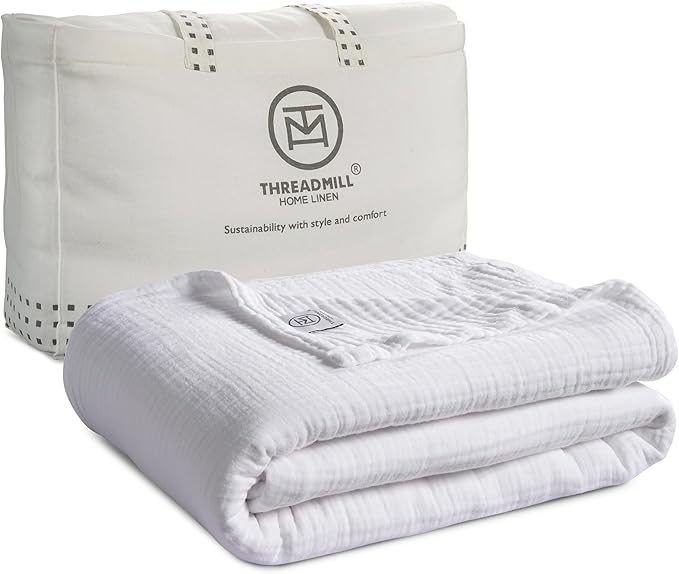 Threadmill Muslin Twin Blanket | Soft, Breathable and Lightweight Summer Blanket | 4-Layer Gauze for Kids and Adults | Twin Size | White