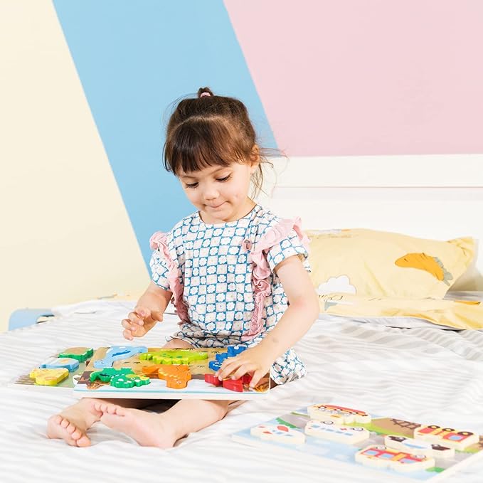 Wooden Chunky Puzzles Set - Dinosaurs, Vehicles and Pets Animals Wooden Puzzles Preschool Early Learning Toy Gift for Kids Toddlers 1-3