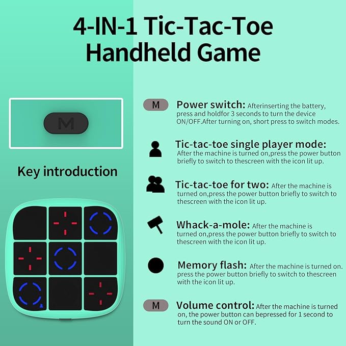 Tic-Tac-Toe Bolt Game, 4-in-1 Handheld Puzzle Game Console, Electronic Tic-Tac-Toe Toy, Educational and Memory Growth, Portable Travel Games for Car Ride, Board Games for Kids and Adults (Cyan)