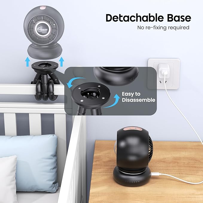 Stroller Fan, Battery Operated Baby Stroller Fans, 8000mAh Rechargeable Fans, 75° Auto Oscillation Portable Fan, 5-12H Runtime, 4 Speeds Wind, Detachable Base & LED Display