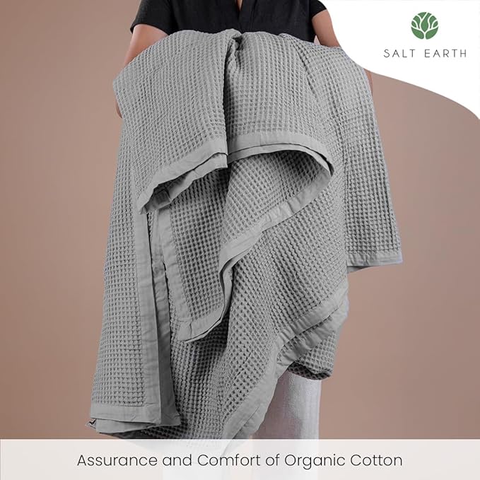 Salt Earth GOTS Certified 100% Organic Cotton Throw Blanket, 55" x 60" Waffle Blankets & Throws for Bed, Throw Blanket for Couch, Modern & Cozy Blanket, All Season,Comfy & Soft Blanket(Scottish Grey)