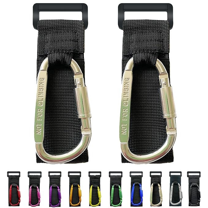 Baby Stroller Hook, Carry 30 lbs per Stroller Carabiner Clip, Adjustable Baby Stroller & Car Seat Hook for Hanging Diaper Bag, Wheelchair,Golf cart, Shopping and Pet Cart(2 Pcs Silver)