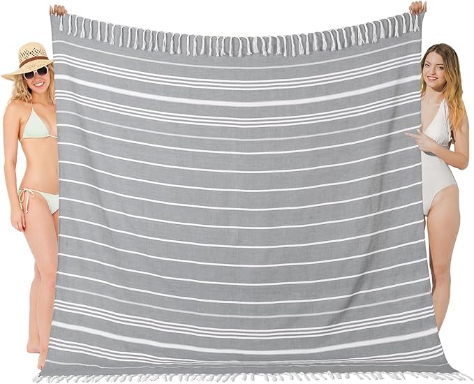 Oversized Turkish Beach Towel Blanket XXL Cotton Sandproof Towels Boho Woven Extra Large Big Sand Free Giant Throw Thick Blankets Huge Quilt XL Picnic Camping Necessities Cloud For Adult Gifts Grey