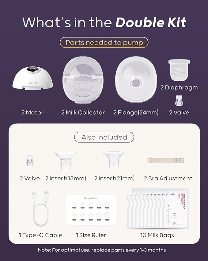 Nuliie Hands-Free Breast Pump, Wearable Breastfeeding Pump 4 Modes 9 Levels with 18/21/24MM Flange, Electric Breast Pump Portable, Replaced Pumping Accessories Included (2 Packs, Purple)