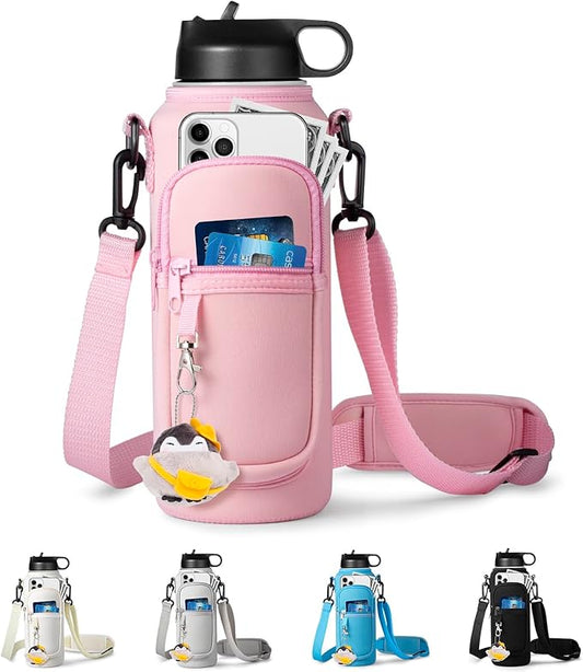 Water Bottle Holder with Strap for Hydroflask 32oz 40oz, Carrier Sling Bag with Phone Pocket Sleeve for Men Women Hiking Camping Travelling（Pink12/16oz）