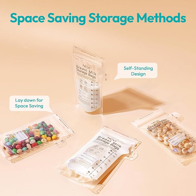 NCVI 25 Count Breastmilk Storage Bags Freezer for Baby, Breast Milk Feeding Bag with Temp-Sensing, Doubled-Sealed, Self Standing, Easy Pour Spout, BPA-Free, 7oz
