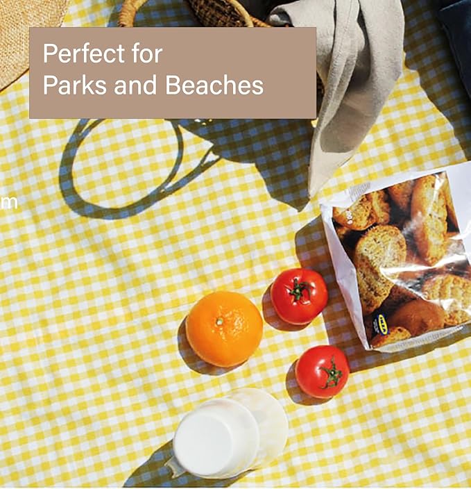 Cute Gingham Picnic Blanket, Waterproof Foldable, in Large 80x60in and Extra Large 80x80in, Portable Compact Beach Blanket, Oversized XL Outdoor Mat (Yellow, X-Large)