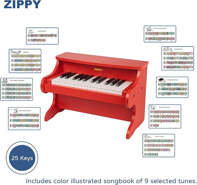 ZIPPY Kids Piano Keyboard, 25 Keys Digital Piano for Kids, Mini Music Educational Instrument Toy, Wood Toy for Toddlers Girls Boys (Red)