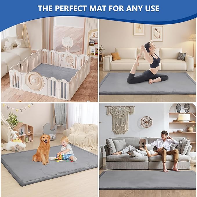Baby Play Mat for Floor,1.3" Thick Elasti-Foam 74×50 Playpen Mat for Toddlers Infant kids,Water-Repellent Soft Coral Velvet for Tummy Time, Non-Slip Backing for Crawling,Tatami Style(Dark Grey)