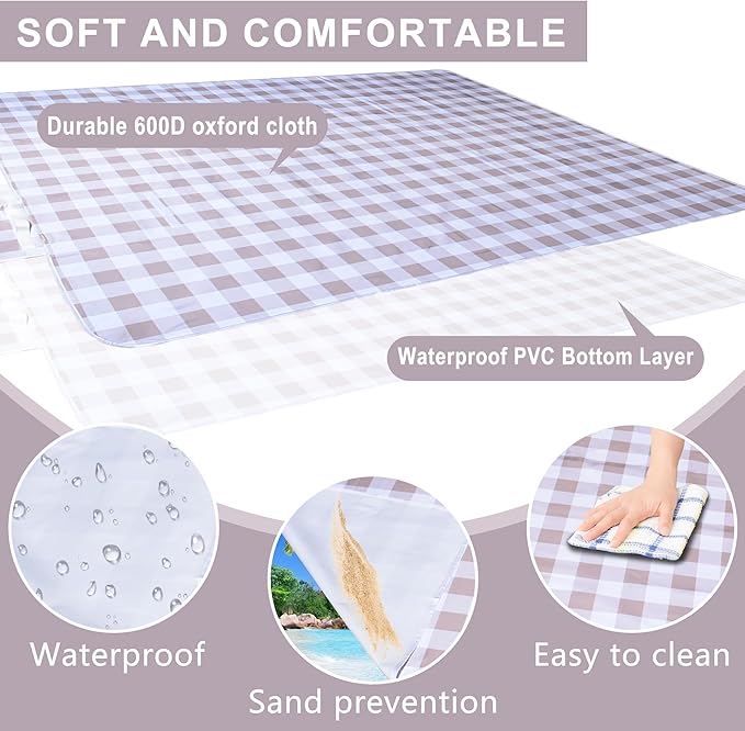 80"x80" Extra Large Waterproof Outdoor Mat - Sandproof Foldable Picnic Blanket for Family Camping, Backyard, Beach Parties - Heavy Duty & Easy Storage (Light Brown)