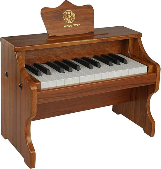 Wood City Wooden Piano Toys (25 Keys) Mini Music Educational Instrument Toy Toddler Baby Kids Piano Keyboard with Music Stand and Color Coded Keyboard Stickers for 3-7 Year Old