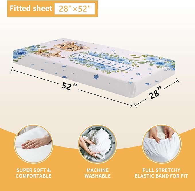 Personalized Crib Bedding Set, 5 Pcs Custom Nursery Bedding Sets with Name, Infant Bedding Set for Baby Boy Girl, Blue Leopard Double Layer Baby Crib Set, Babies Toddlers Kids Customized Gifts