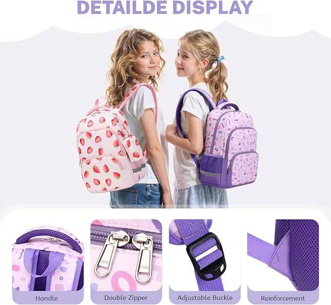 mygreen 3PCS Kids Backpack Set - Waterproof Bookbag with Lunch Box for Girls Ages 3-12, Adorable Cartoon Prints for School & Outdoor Use Pink Strawberry