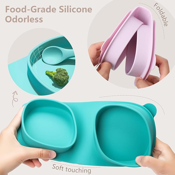 Silicone Foldable Novelty Dinner Plates,Suction Plates for Baby Travel Essential with Forks and Spoons,Microwave & Dishwasher Safe,Aqua