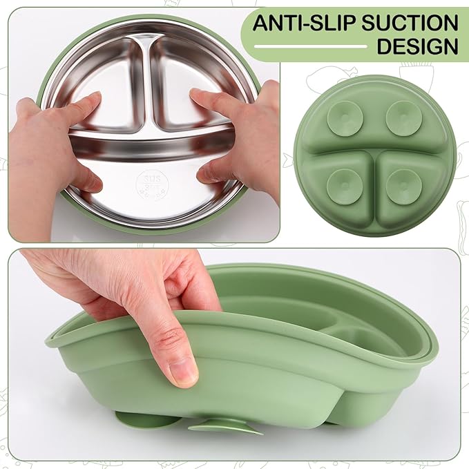 Nuogo 3 Pcs Stainless Steel Baby Suction Plates with Removable Silicone Shell 2-in-1 Metal Toddler Bowl Divided for Picky Eaters Kids Feeding Led Weaning Supplies, Dishwasher Safe (Blue,Pink,Green)