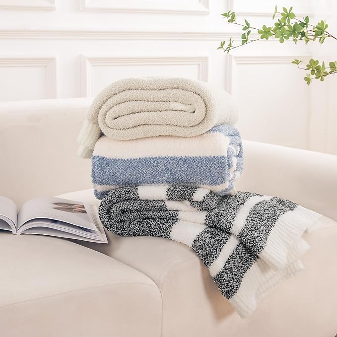 NEXHOME PRO Stripe Cozy Blanket, Knit Fuzzy Throw Blanket for Couch Bed Sofa Picnic, Ultra Soft Blankets for Women Gifts Blue 50 x 60 inches