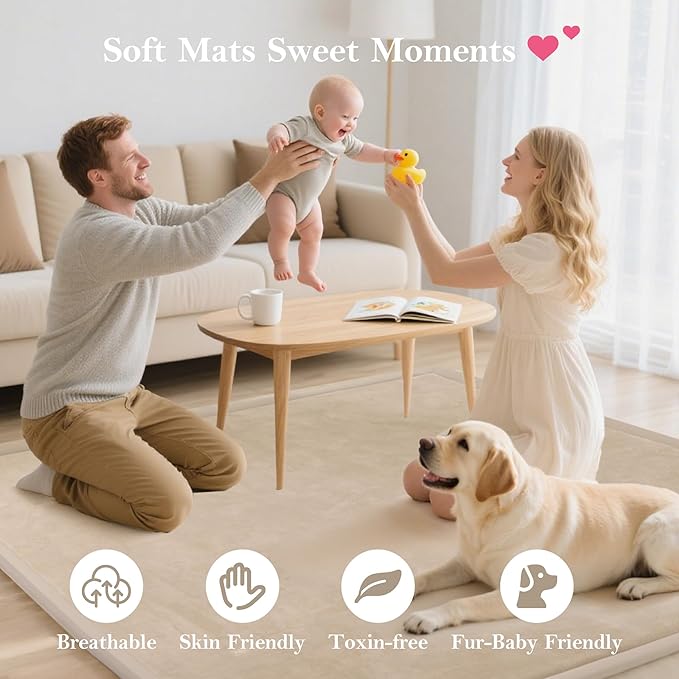 Baby Play Mat for Floor, 1.3" Thick Memory Foam Muscle Playpen Cushion, Soft Coral Velvet Tummy Time Mat with Non-Slip Backing, Water Repellent Child Nursery Rug for Toddlers, Kids (Beige, 39X59)