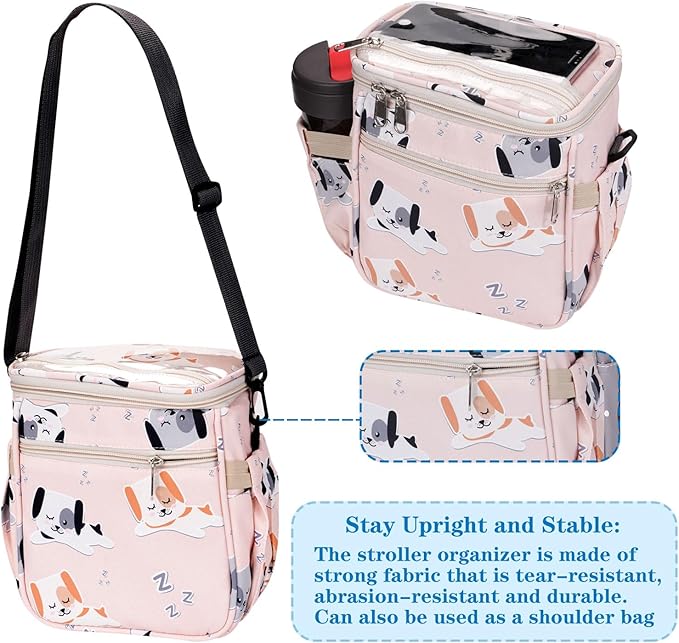 Baby Stroller Organizer Bag，Small Diaper Bag - Universal Stroller Organizer With Insulated Cup Holder,Pocket With Baby Wipes Dispenser，Adjustable Shoulder Strap(pink)