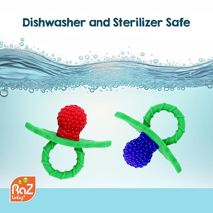 RaZbaby RaZberry Silicone Teether Pacifier – Teething Relief for Infants, Food-Grade, BPA-Free, Hands-Free, Natural Berrybumps Fruit Texture for Sensory Development, Freezable, 2-Pack - Green & White