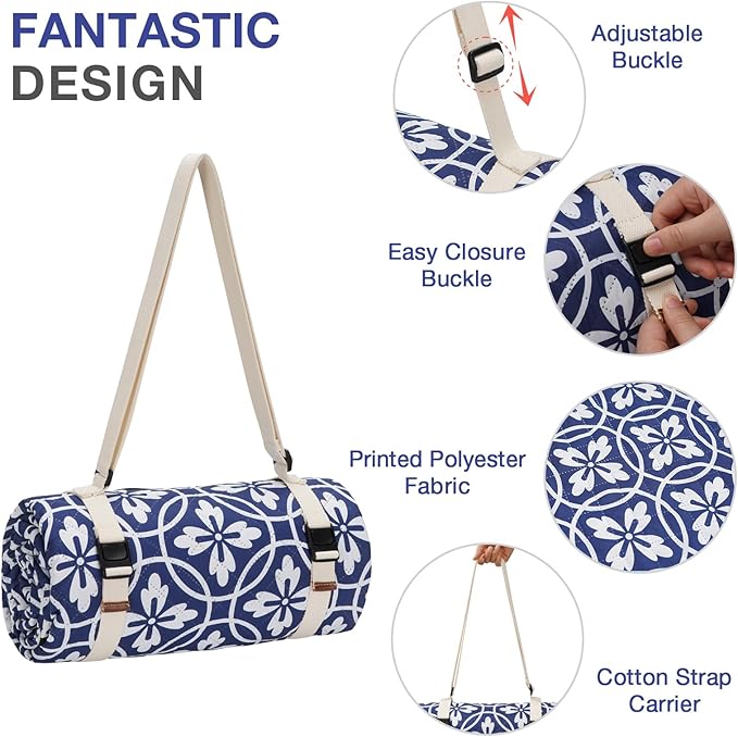 Picnic Blanket, 80''x80'' Waterproof Outdoor Blankets, Picnic Mat Washable for Beach, Picnic Blankets for Camping on Grass with Shoulder Strap - NavyBlue