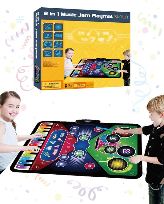 SUNLIN 2-in-1 Music Jam Mat, Music Learning Toy for Boys Girls 3-6, Drum Set + Piano Mat, Toddler Birthday Gift 3 4 5 6 Years, Record & Playback, Built-in Songs, 8 Instrument Sounds, Volume Control