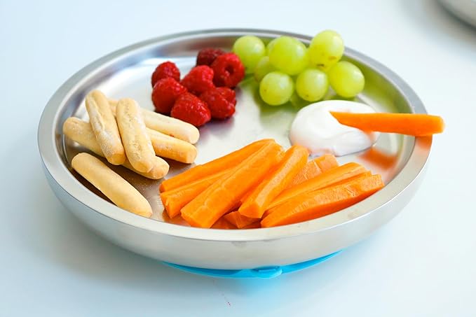 Avanchy Open Baby Plates with Suction – Stainless Steel Divided Plates for Toddlers, BPA-Free, Dishwasher Safe, Unbreakable, Non-Toxic, 100% Silicone Suction – Black