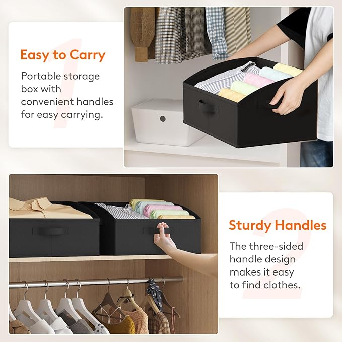 Lifewit Storage Baskets for Shelves, 6 Packs Non-woven Fabric Trapezoid Closet Organizer Bins with Handles, Foldable Clothing Containers Box for Clothes, Toy, Towel, Book, DVD, Hats, Medium-Black