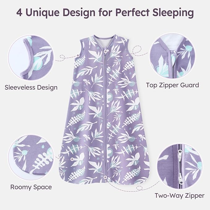 Baby Sleep Sack 6-12 Months 3 Pack 100% Cotton Lightweight 0.5 TOG Wearable Blanket Baby Sleep Bag with 2-Way Zipper for Newborn Infant Purple Leaf
