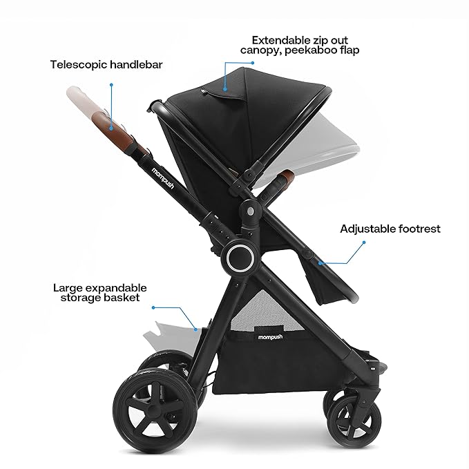 Mompush Ultimate 2 Baby Stroller for Infant and Toddler with Newborn Mode and Reversible Seat, All-Terrain Stroller with All-Wheel Suspension, Includes Car Seat Adapter and Large Storage Basket