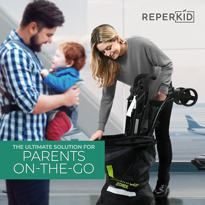 reperkid Umbrella Stroller Bag for Airplane Travel, Black and Green, 47" H x 15" W x 12" D, Fits Most Single and Double Umbrella Strollers – Premium Waterproof Cover, Adjustable Shoulder Strap